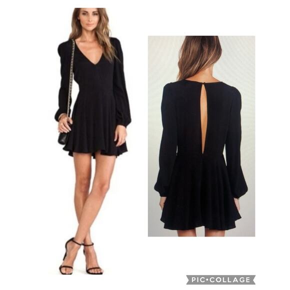 Lovers + Friends Revolve Plunge Mini Skater Dress Medium Black HOCO Long Sleeves - Picture 1 of 15